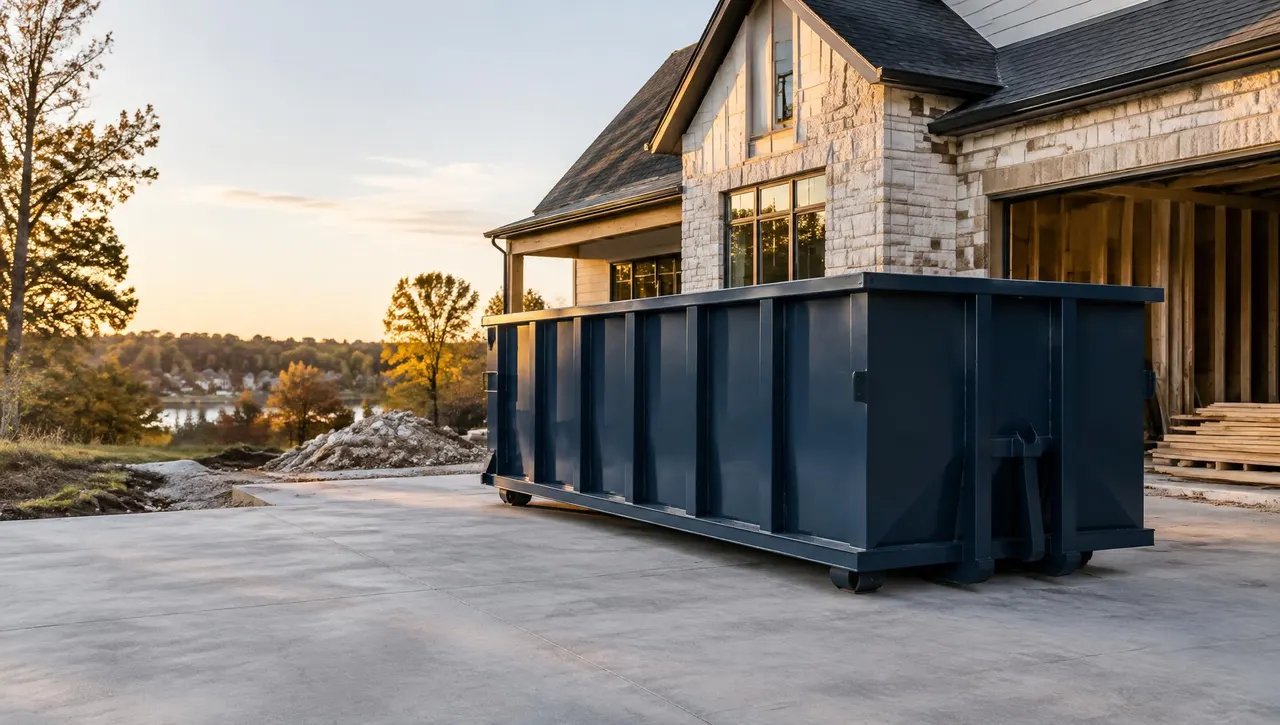 Navy roll-off dumpster placed on a concrete driveway in front of a home under renovation at sunset